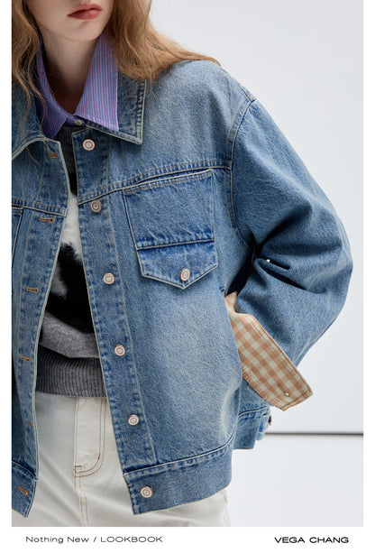 Gingham Check Cuffs Washed Denim Jacket