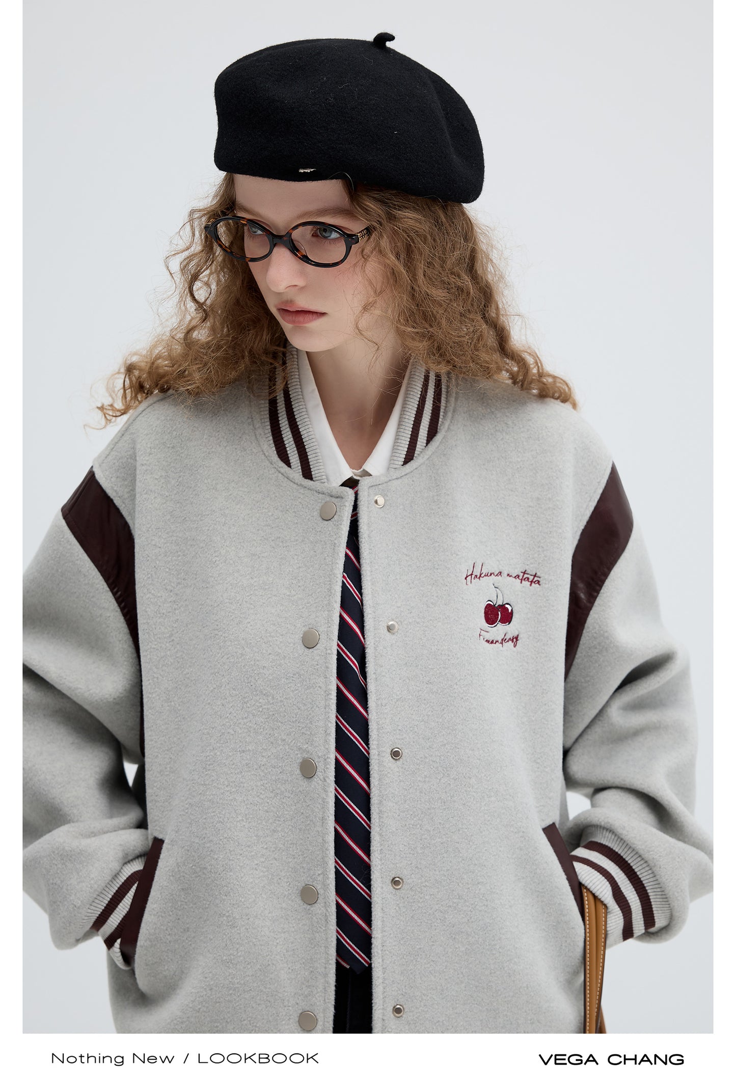 Cherry Embroidery Two-Tone Varsity Jacket