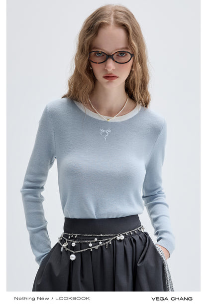 Wool Blend Bow Embroidery Contrast Knit Top