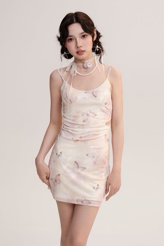 Butterfly Mesh Mini Cami Dress And Flower Necklace