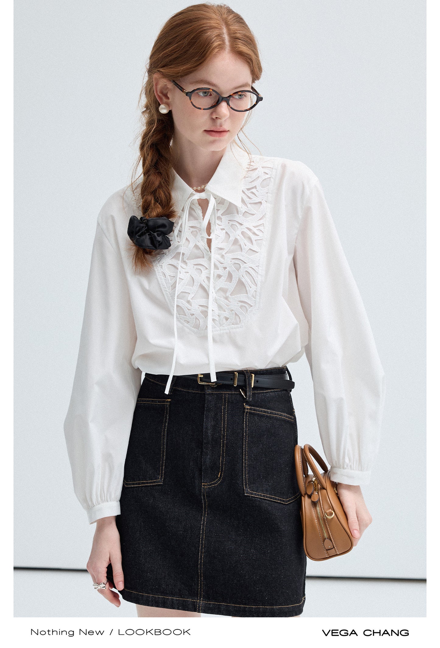 Tie Neck Blouse, High Waist A-Line Denim Skirt