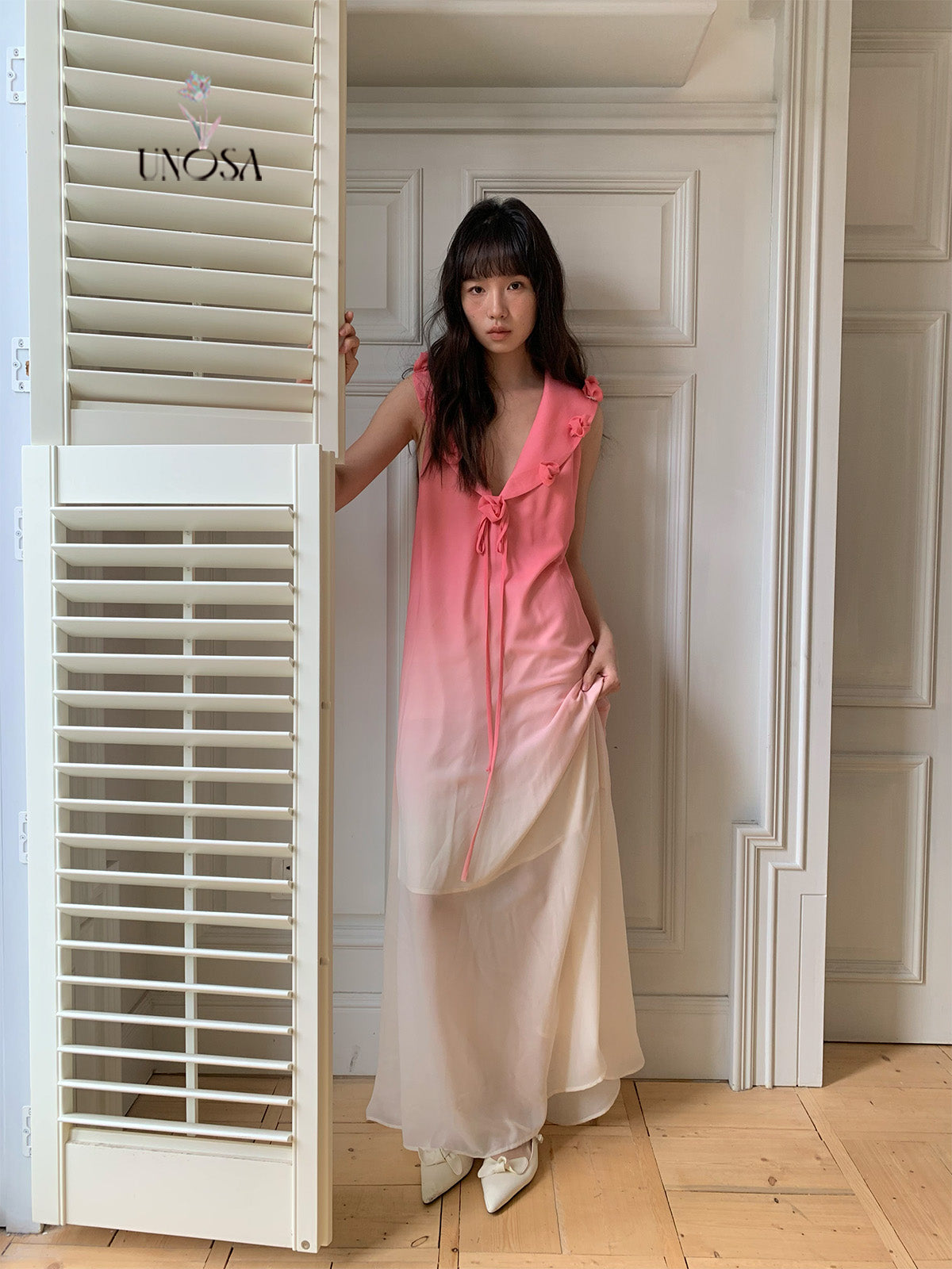 Flower Collar Gradient Chiffon Flowy Long Dress