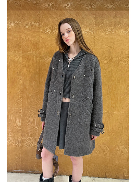 Wool Blend Studded V-Neck Coat