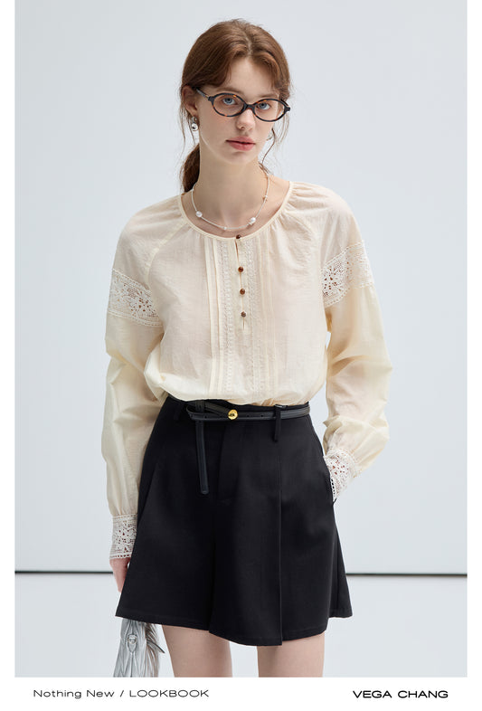 Lace Patchwork Collarless Pin Tuck Blouse