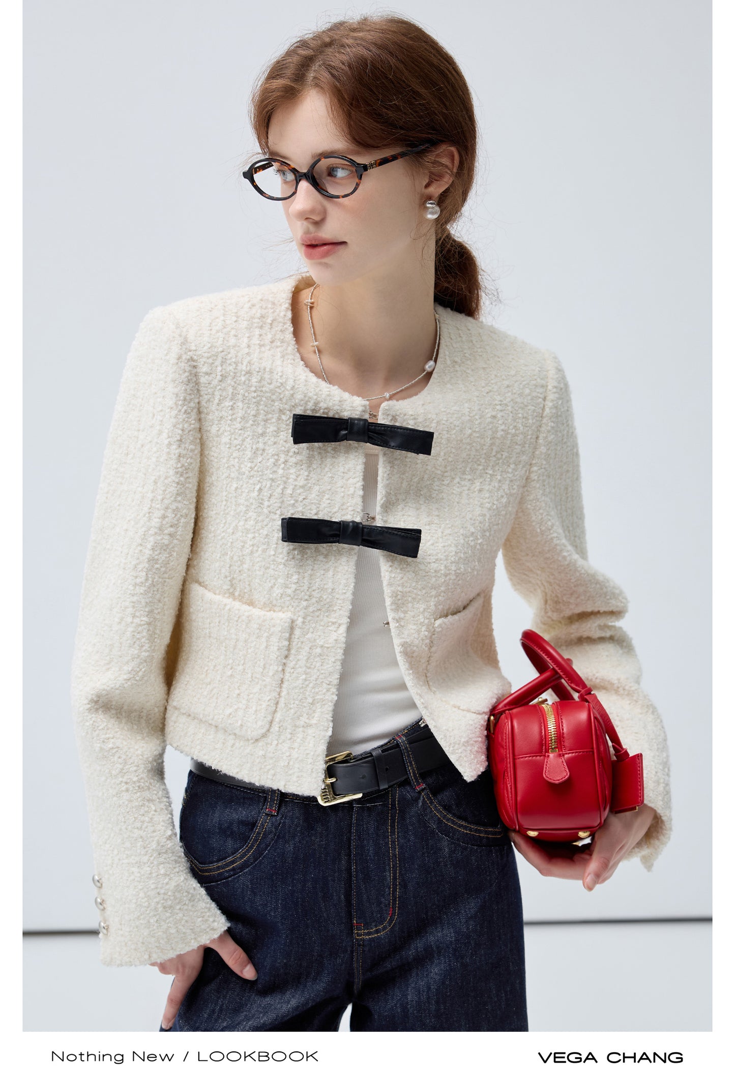 Wool Blend Textured Jacket With Faux Leather Bows