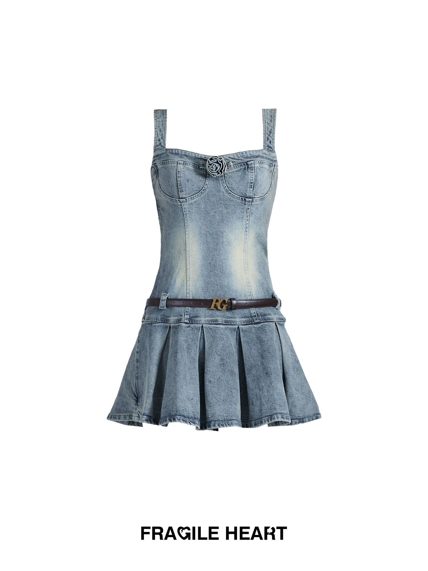 Pleated Washed Denim Short Bustier Dress With Belt