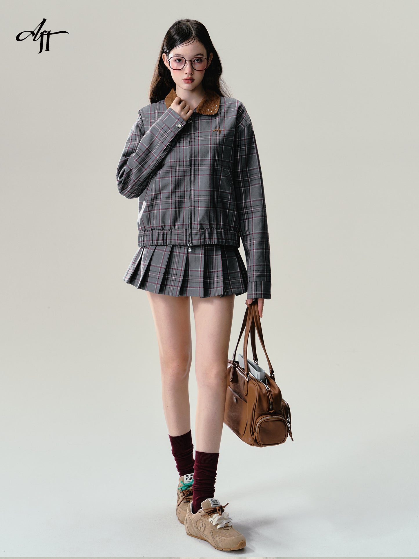 Plaid Zip-Up Jacket And Pleated Skirt Outfit