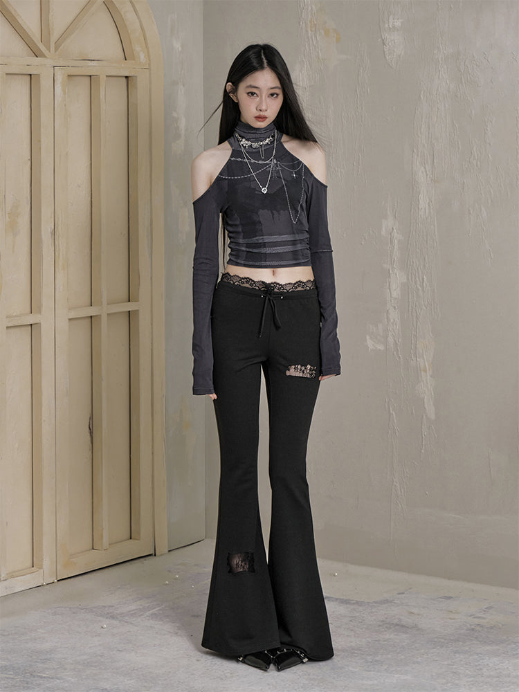 Lace Detailed Slim Fit Flared Elastic Pants