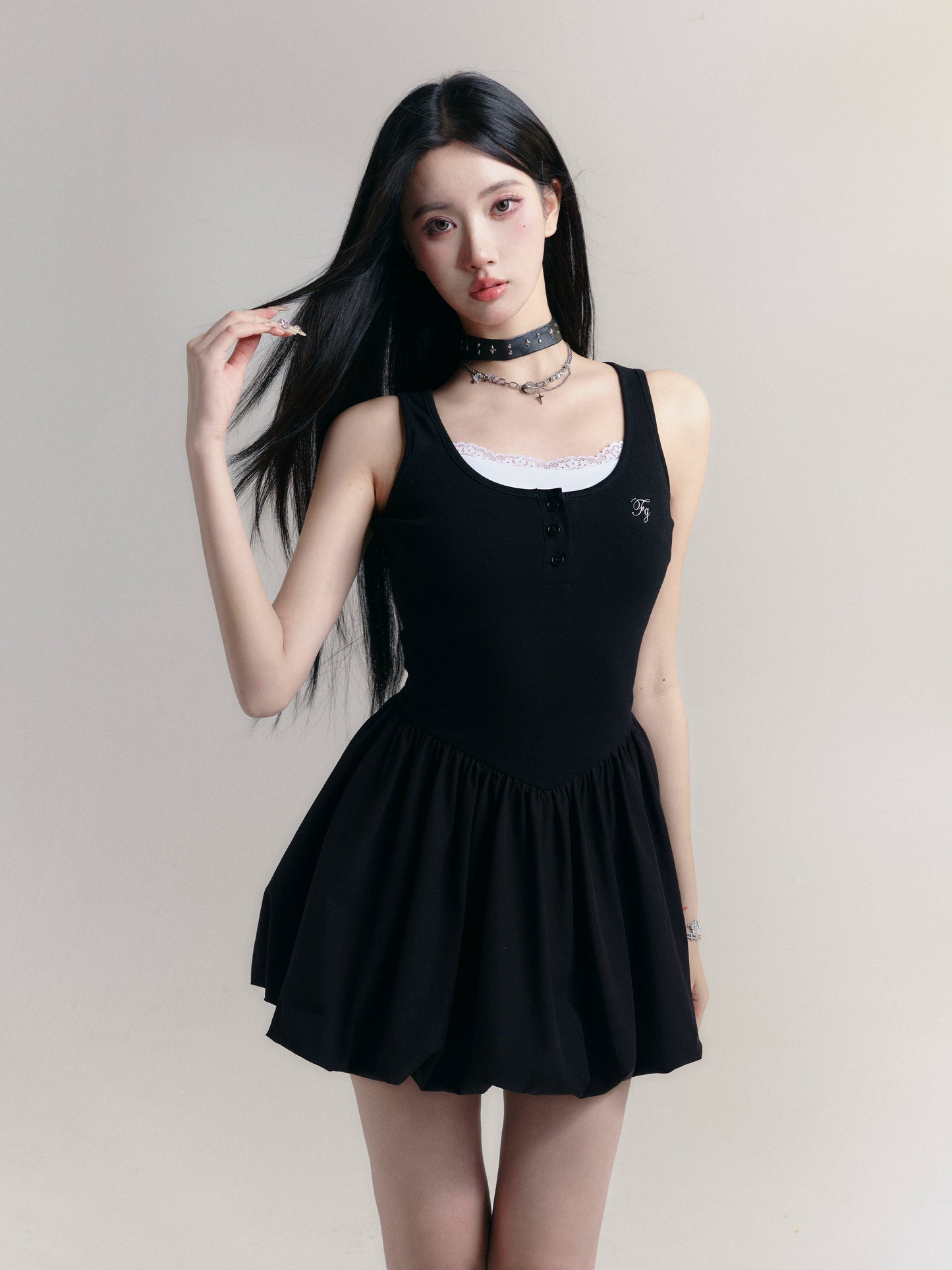 Girlish College Style Mini Bubble Tank Dress