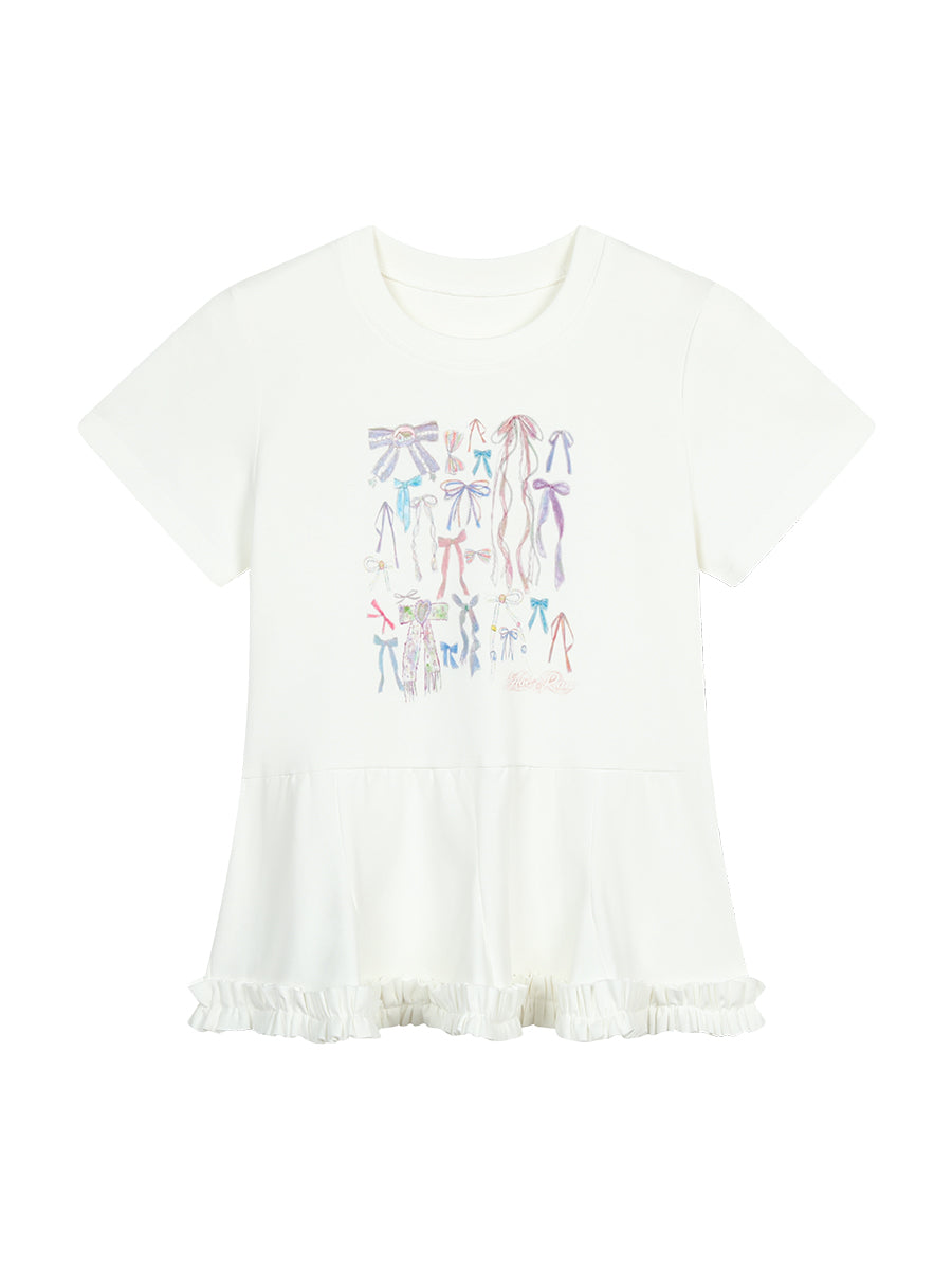 Illustrated Bows Print Frilled Hem T-Shirt