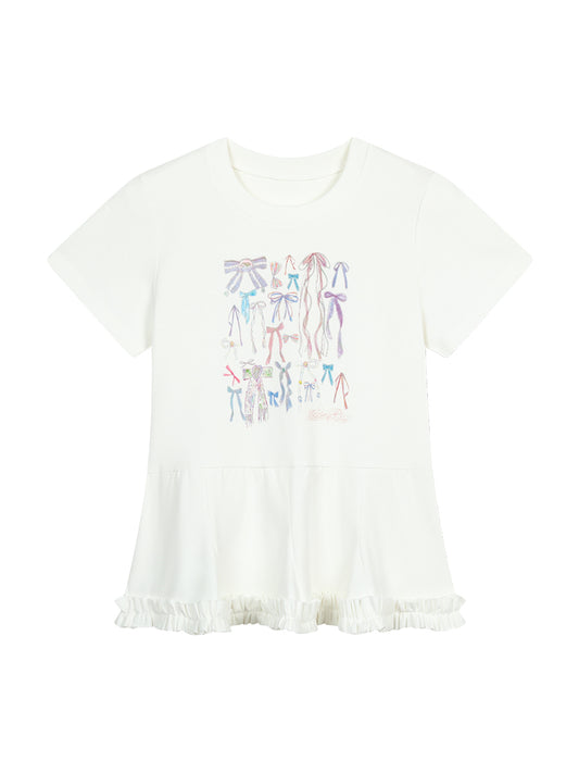 Illustrated Bows Print Frilled Hem T-Shirt