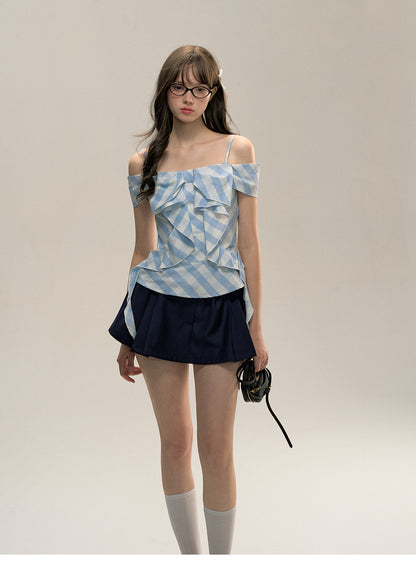 Gingham Check Bow Top with Detachable Sleeves