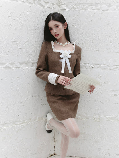 Rose Lace Square-Neck Jacket And Skirt Suit