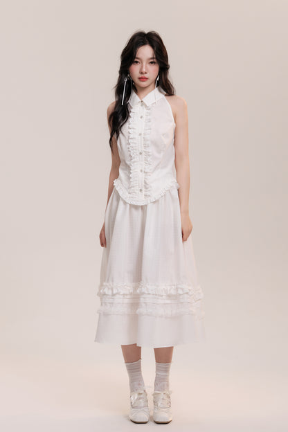 Sleeveless Frilled Lace Placket Round Hem Shirt