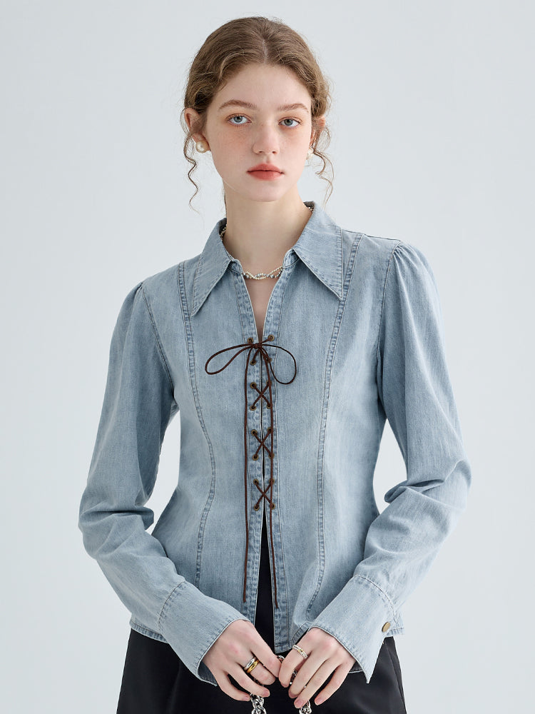 Gathered Princess Sleeve Lace-Up Denim Shirt