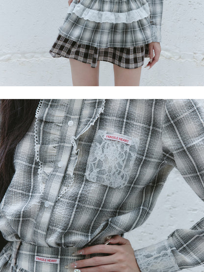 Plaid Frilled Cotton Shirt, Layered Mini Skirt