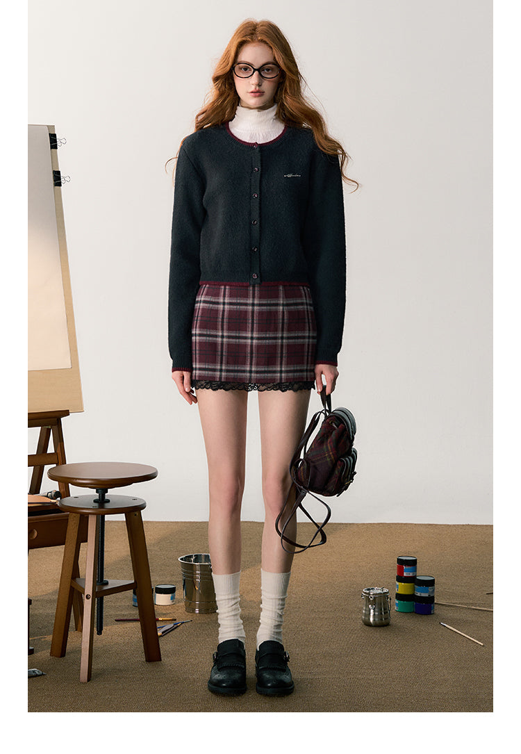 Lace-Trim Plaid Brushed Mini Skirt