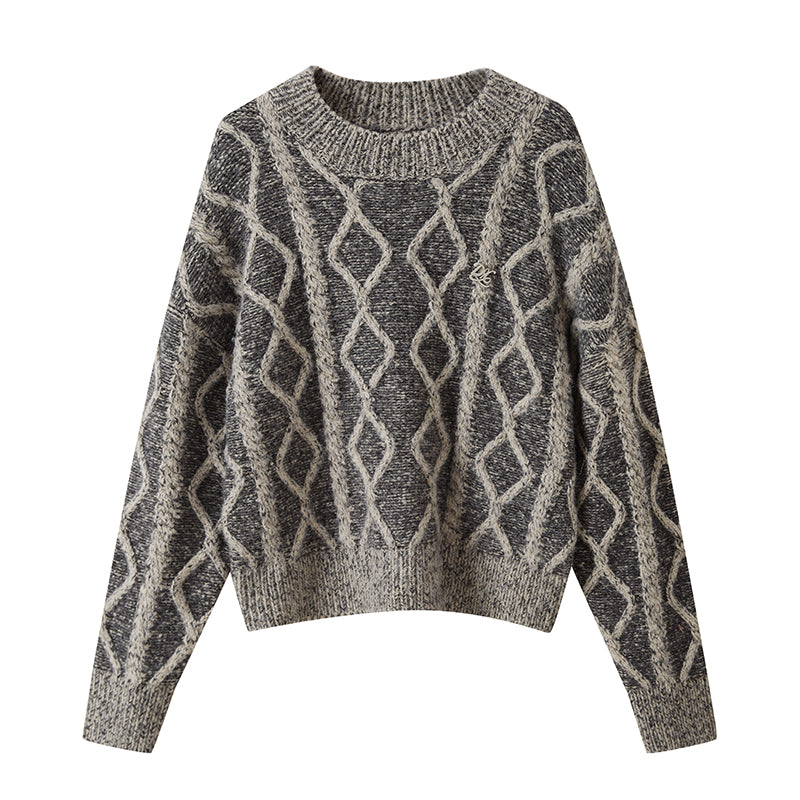 Geometric Cable Knit Round Neck Sweater