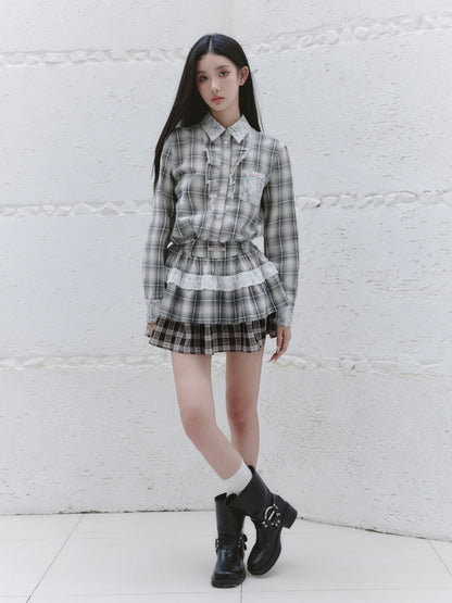 Plaid Frilled Cotton Shirt, Layered Mini Skirt