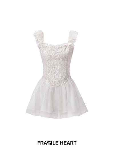 Ballet Style Frilled Lace Chiffon Flared Mini Dress (hover)