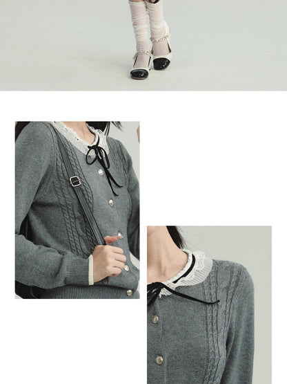 Tie-Neck Lace Collar Cable Knit Cardigan