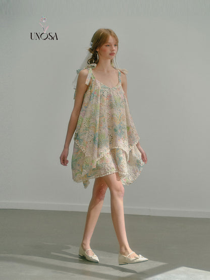 Asymmetrical Floral Eyelet Embroidery Short Dress