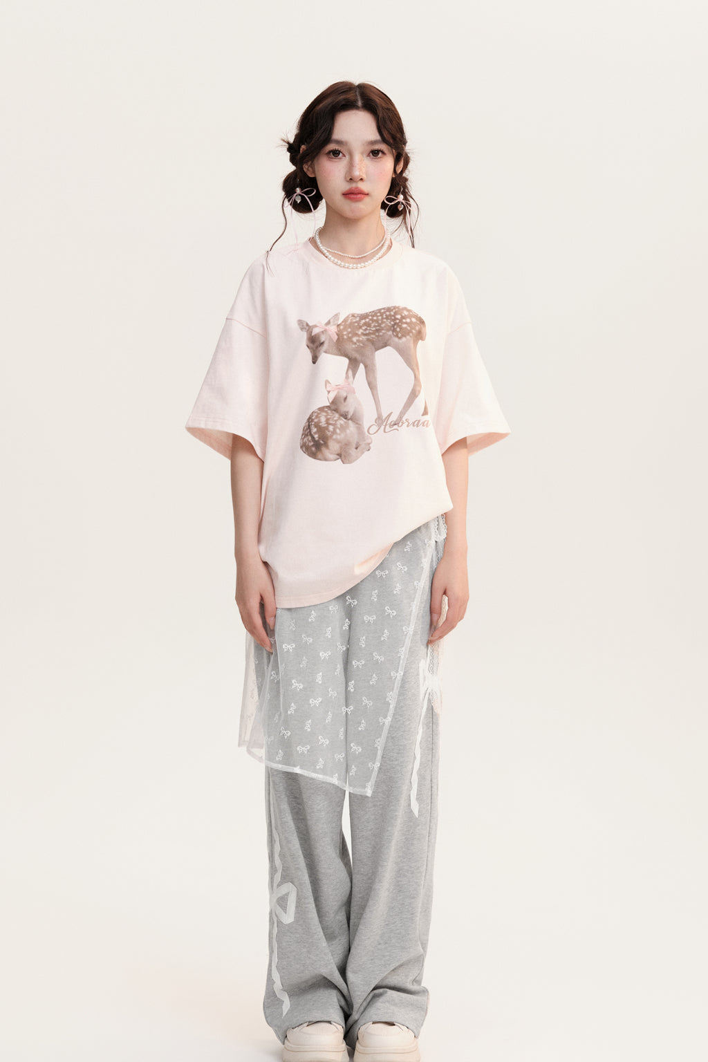 Oversized Deer Print Round Neck Cotton T-Shirt