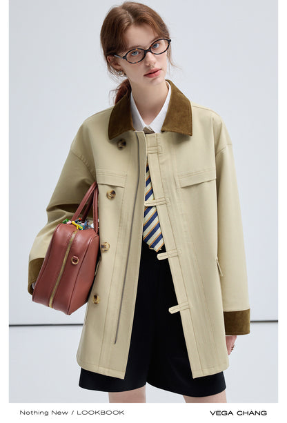 Corduroy Trim Double Closure Short Twill Coat