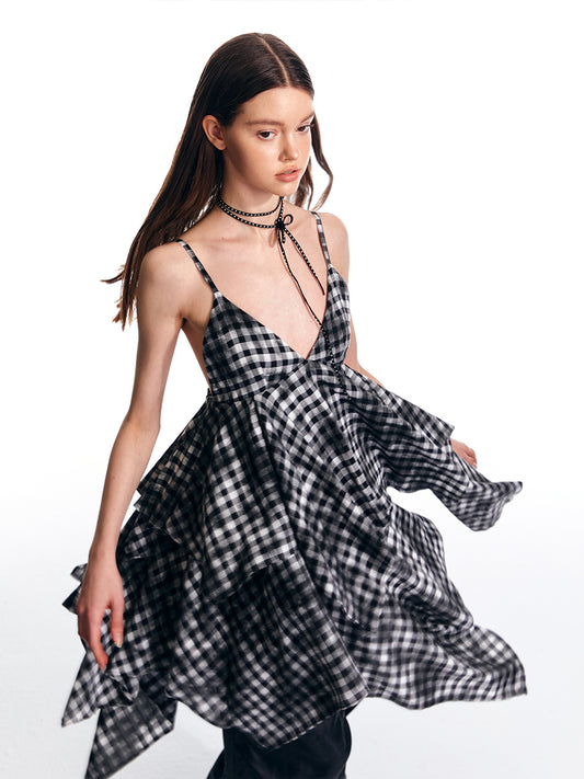 Asymmetric Gingham Check Layered Camisole Dress