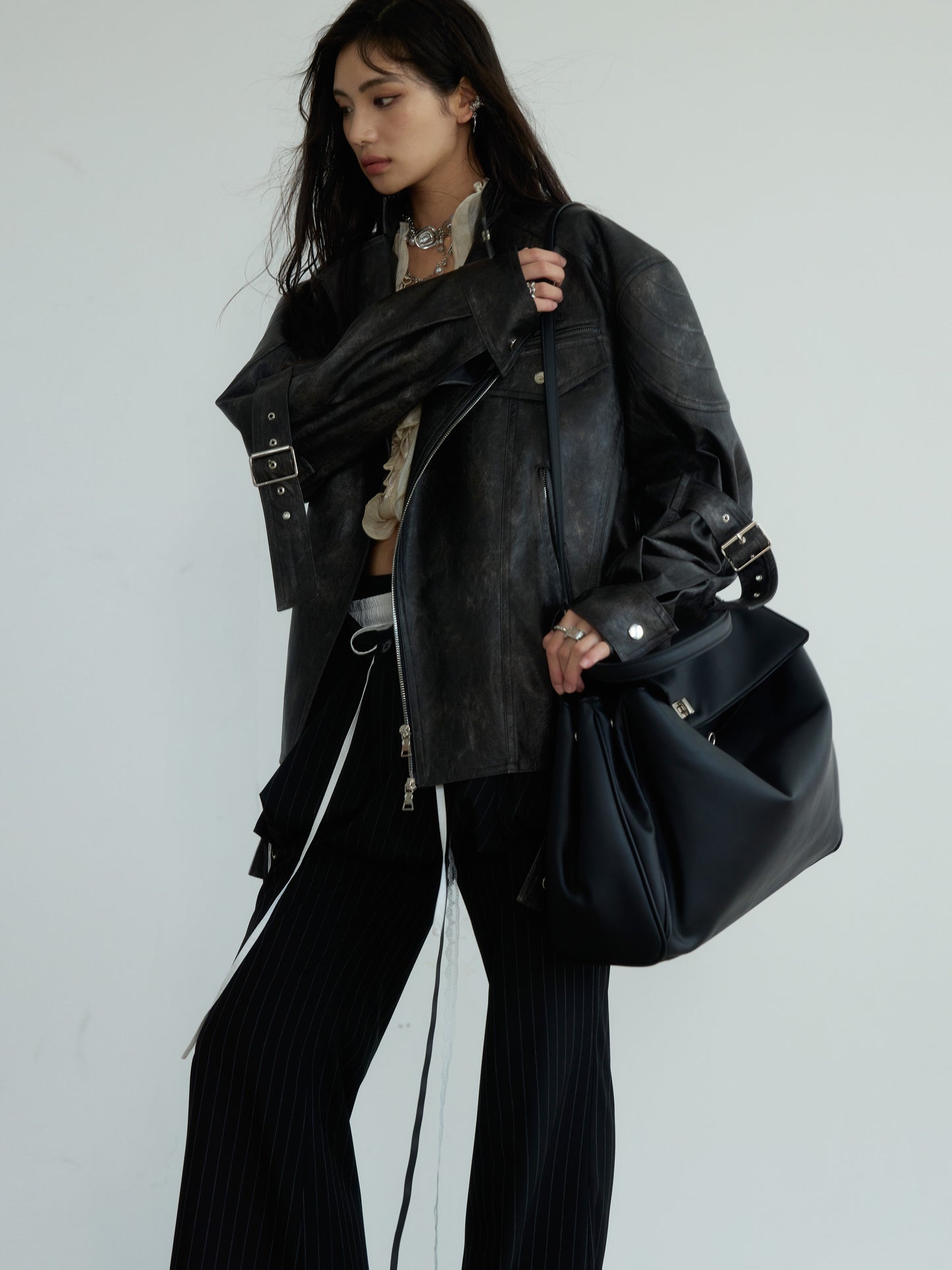 Faux Leather Motorcycle Jacket With Belted Arms