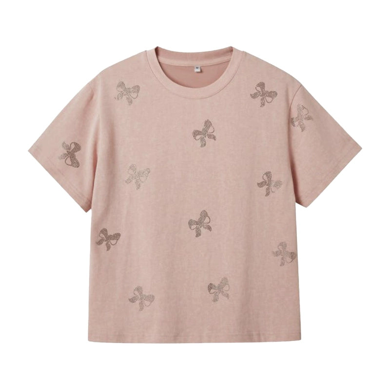 Comfortable Round Neck T-Shirt With Rhinestone Bows