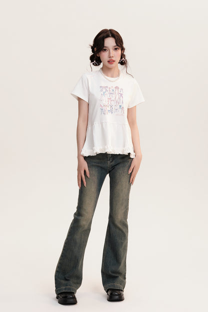 Illustrated Bows Print Frilled Hem T-Shirt