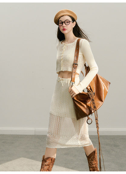 Cropped Eyelet Knit Cardigan And Midi Skirt Outfit