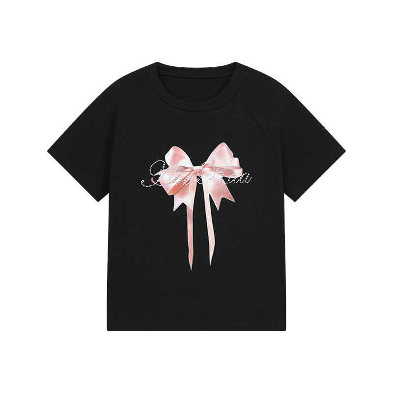 Bow Print Rhinestone Letter Cotton T-Shirt