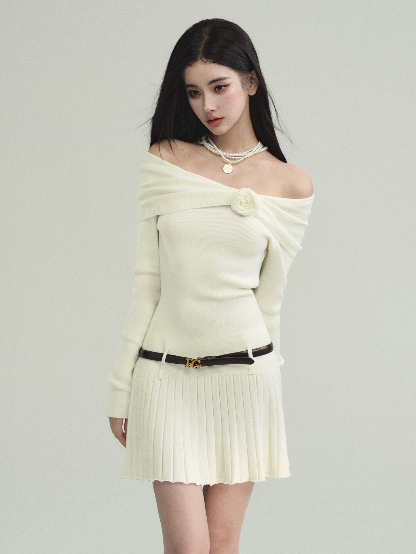 Rose Off Shoulder Rib Knit Fitted Short Dress