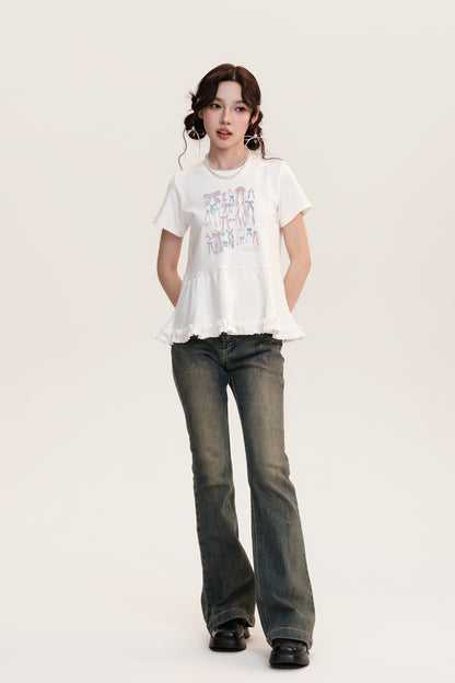 Illustrated Bows Print Frilled Hem T-Shirt