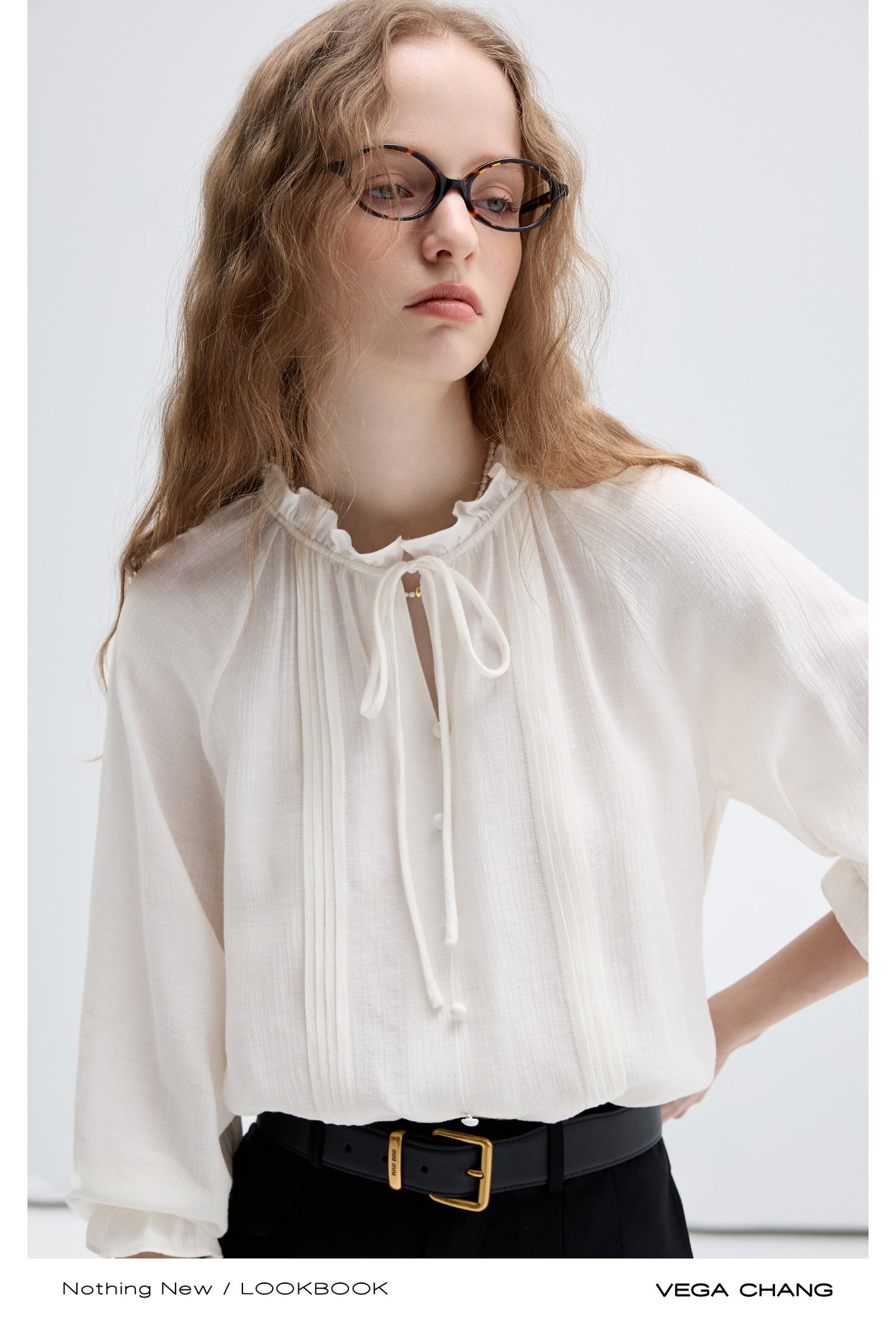 Frilled Trim Pin Tuck Blouse With Covered Buttons