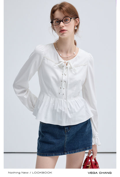 Cross Lace Up Puff Sleeved Blouse