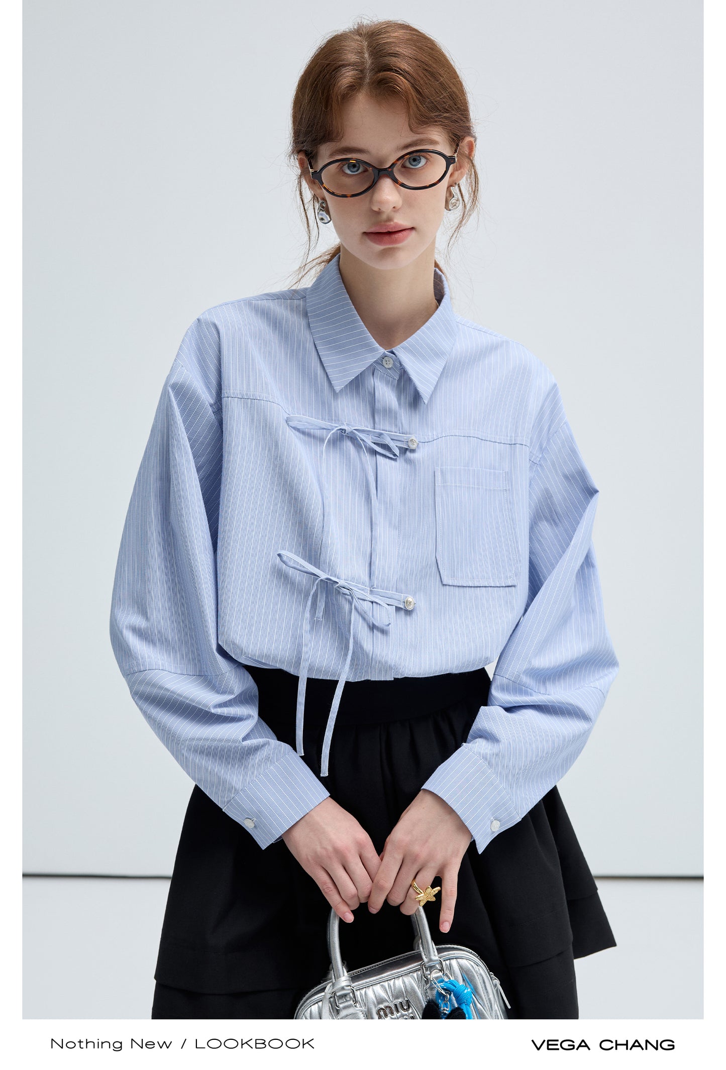 Drop Shouldered Stripe Shirt With Bow Tie Closure