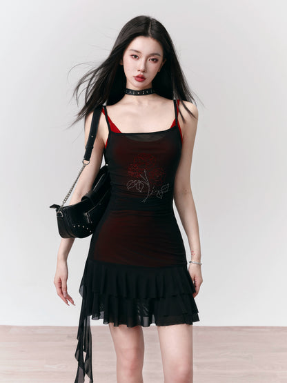 Rose Motif Layered Sheer Fitted Camisole Dress