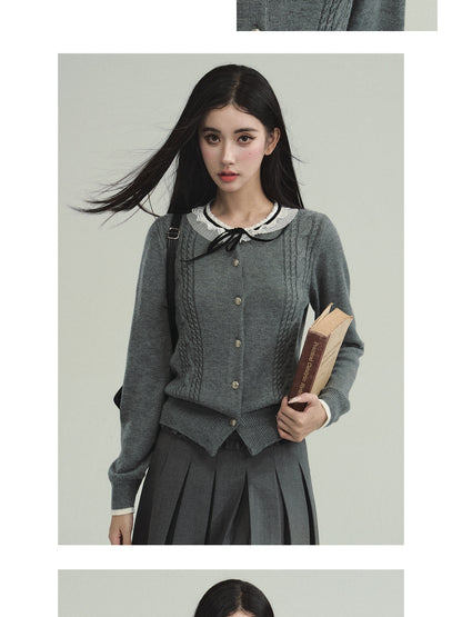 Tie-Neck Lace Collar Cable Knit Cardigan