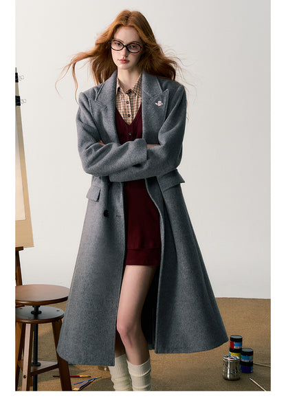 Classic Wool Blend Double-Breasted Coat With Charm