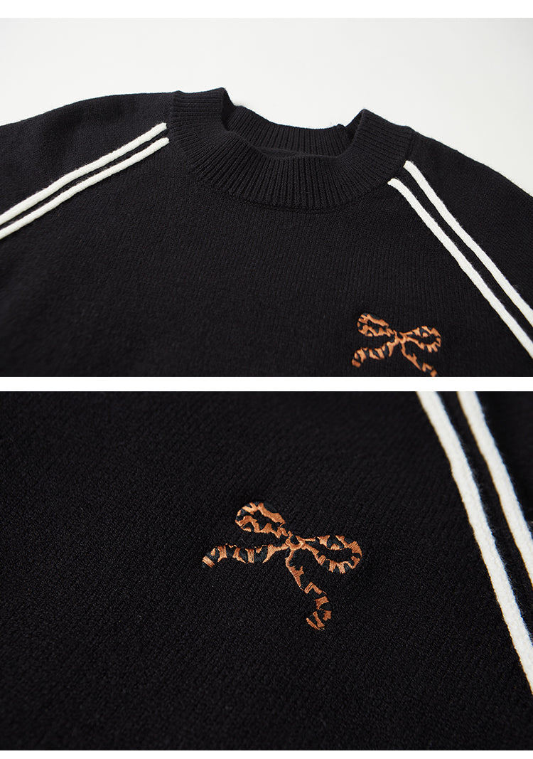 Crew Neck Knit Pullover With Leopard Patch Details