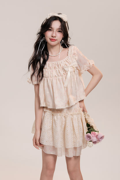 Floral Shirred Blouse And Short Eyelet Lace Skirt