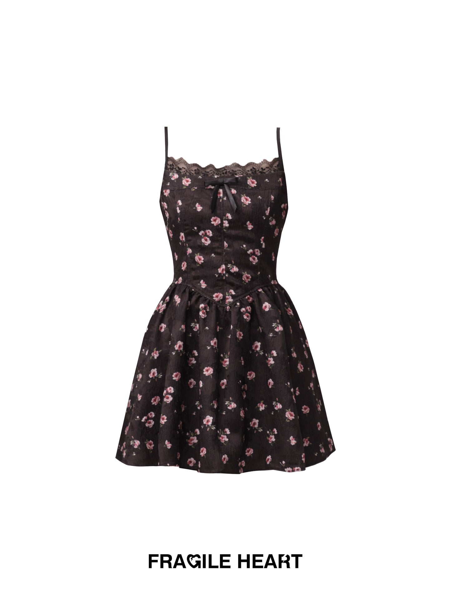 Rose Floral Short Cami Dress With Faux Leather Bow