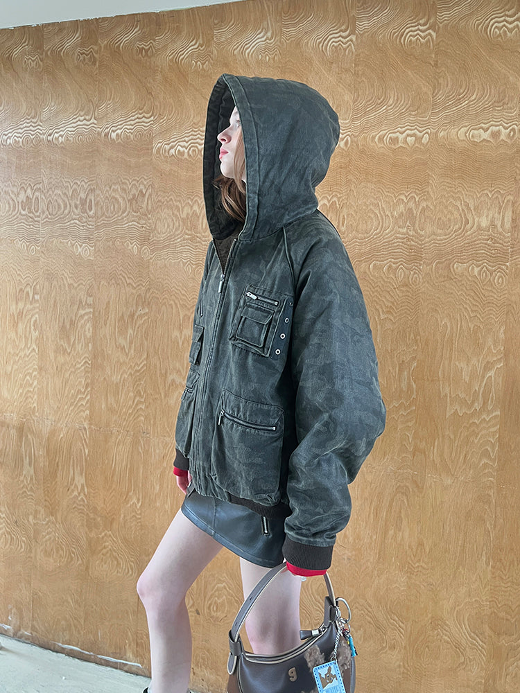 Washed Cotton Blend Hooded Jacket With Utility Pockets