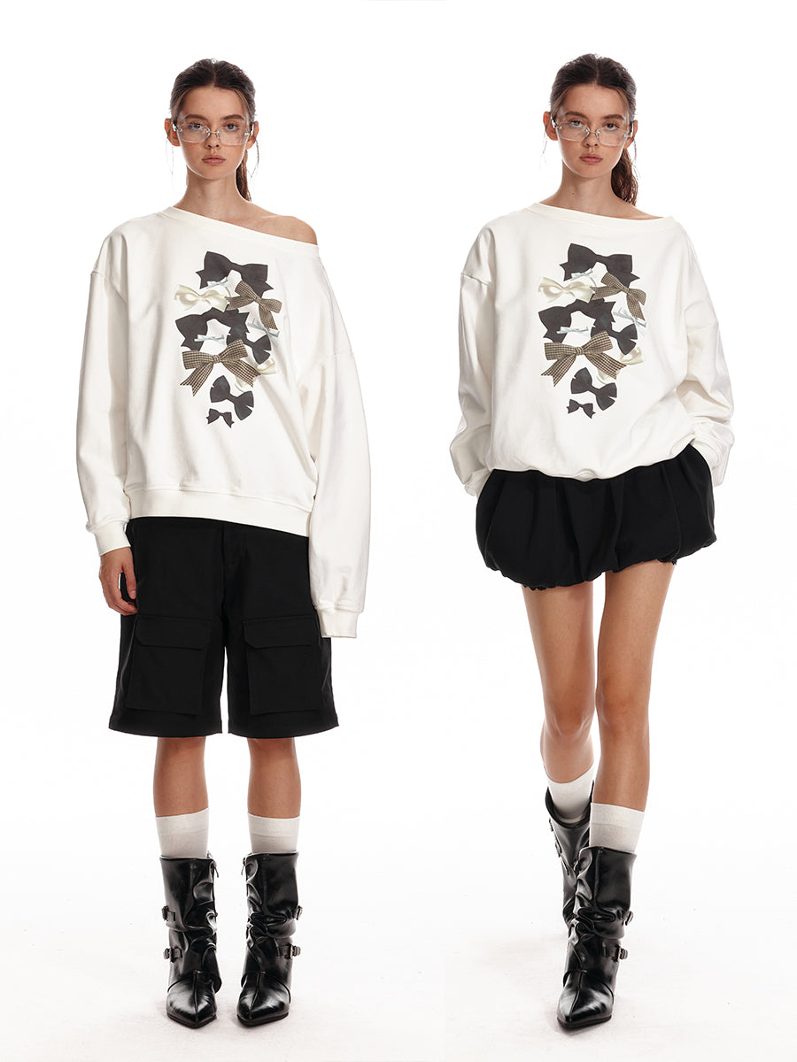 Two Way Bow Print Oversized Cotton Sweatshirt