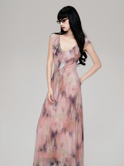 Smudge Print Wood Ear Edge V-Neck Mesh Long Dress