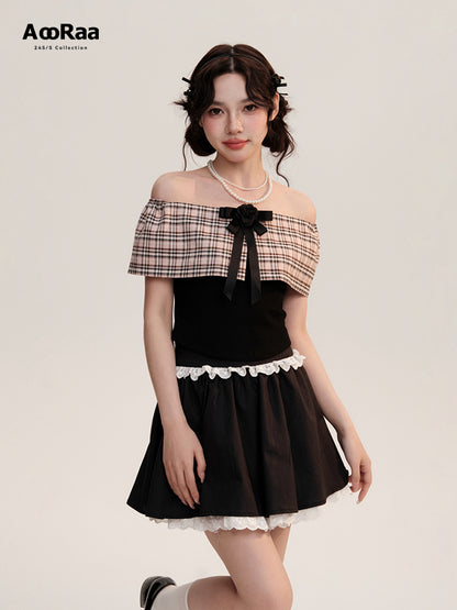 Plaid Off-Shoulder Rib Top And Frilled Zip Skirt