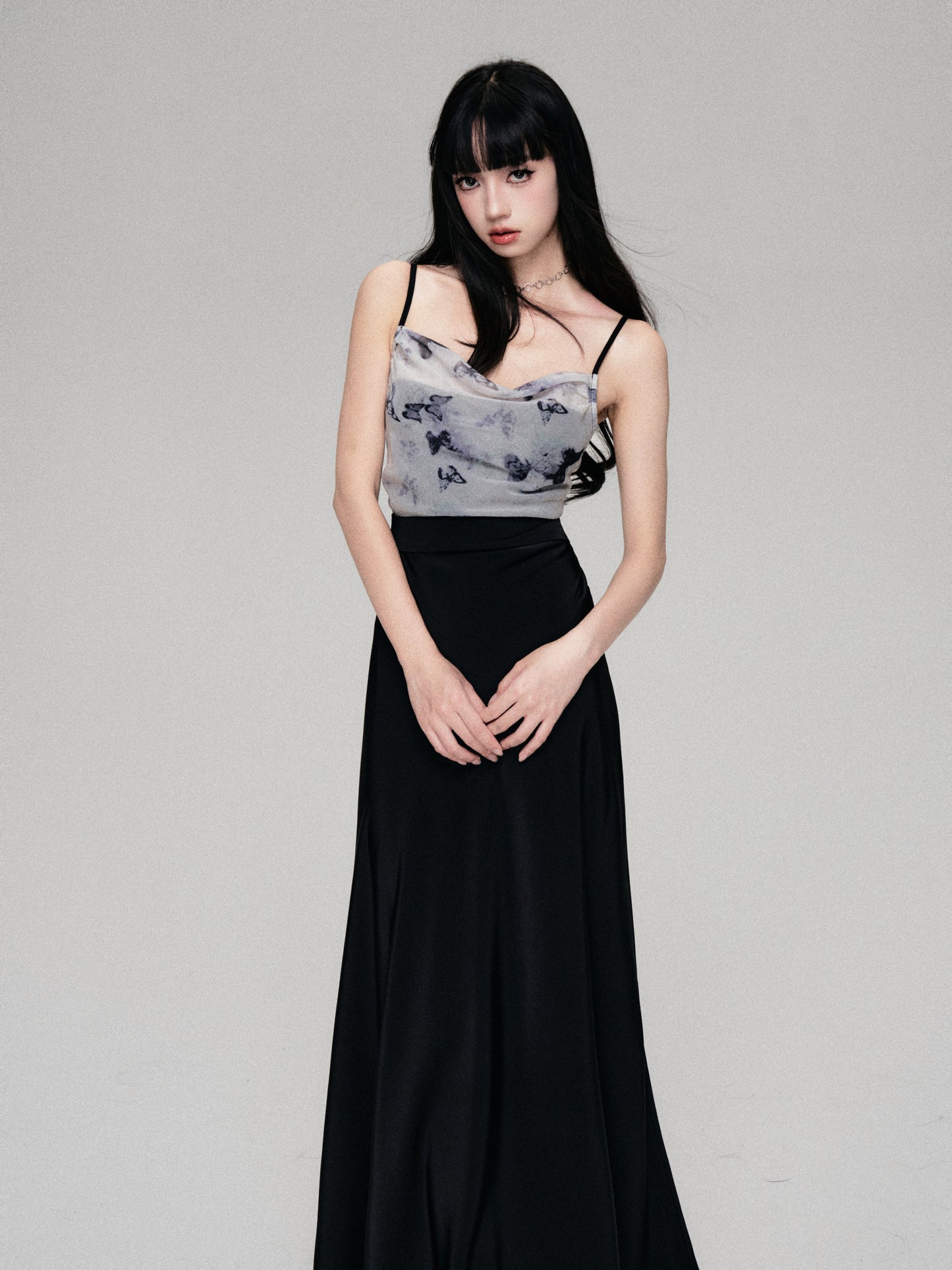 High Waist Butterfly Print Camisole Long Dress